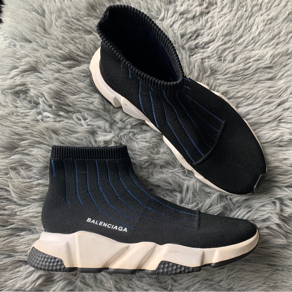 Women’s 40 BALENCIAGA Black Blue‎ Striped Mid Speed Sock Trainers Sneakers